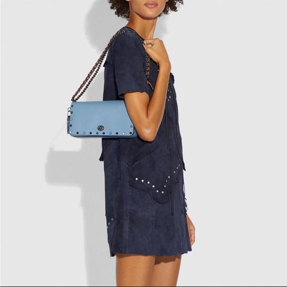 Coach 1941 Dinky With Rivets Glovetanned Leather Light Blue Crossbody. - Picture 1 of 14